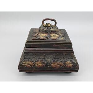 Jewelry Keepsake Centerpiece Bronze Tin Wood Felt Lined 7" Box Leaf Design Lid